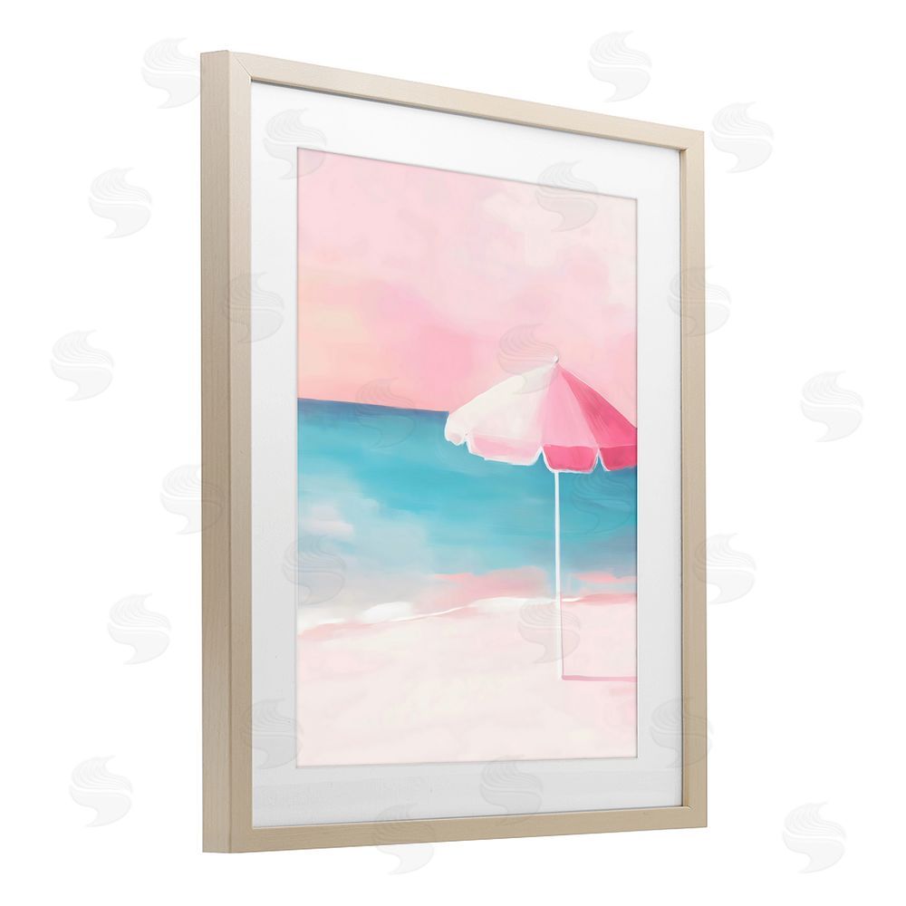 The Prints Vibe Serene Pink Beach Umbrella Brown Framed Print Under Glass with White Mat Wall Art