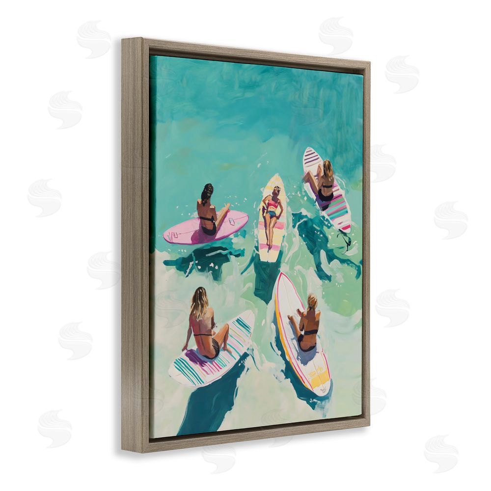 The Prints Vibe Women Surfers at Turquoise Beach Brown Floating Framed Canvas Wall Art Print