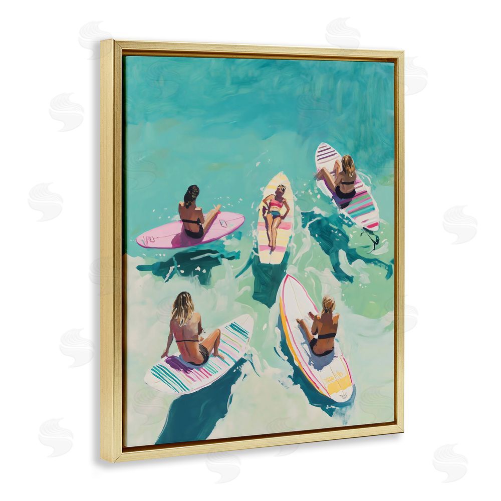 The Prints Vibe Women Surfers at Turquoise Beach Gold Floating Framed Canvas Wall Art Print