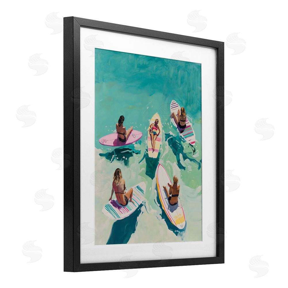 The Prints Vibe Women Surfers at Turquoise Beach Black Framed Print Under Glass with White Mat Wall Art