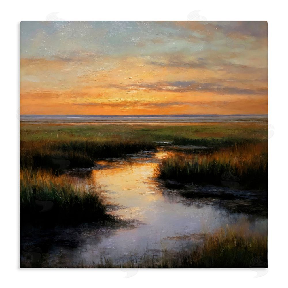Petal Prints Design Warm Marshland Sunset Stretched Canvas Wall Art Print