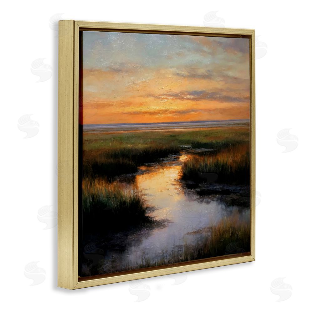 Petal Prints Design Warm Marshland Sunset Gold Floating Framed Canvas Wall Art Print