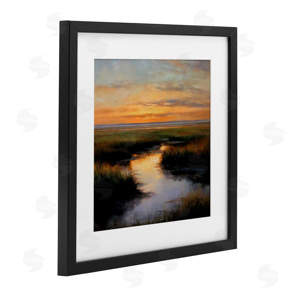 Petal Prints Design Warm Marshland Sunset Black Framed Print Under Glass with White Mat Wall Art