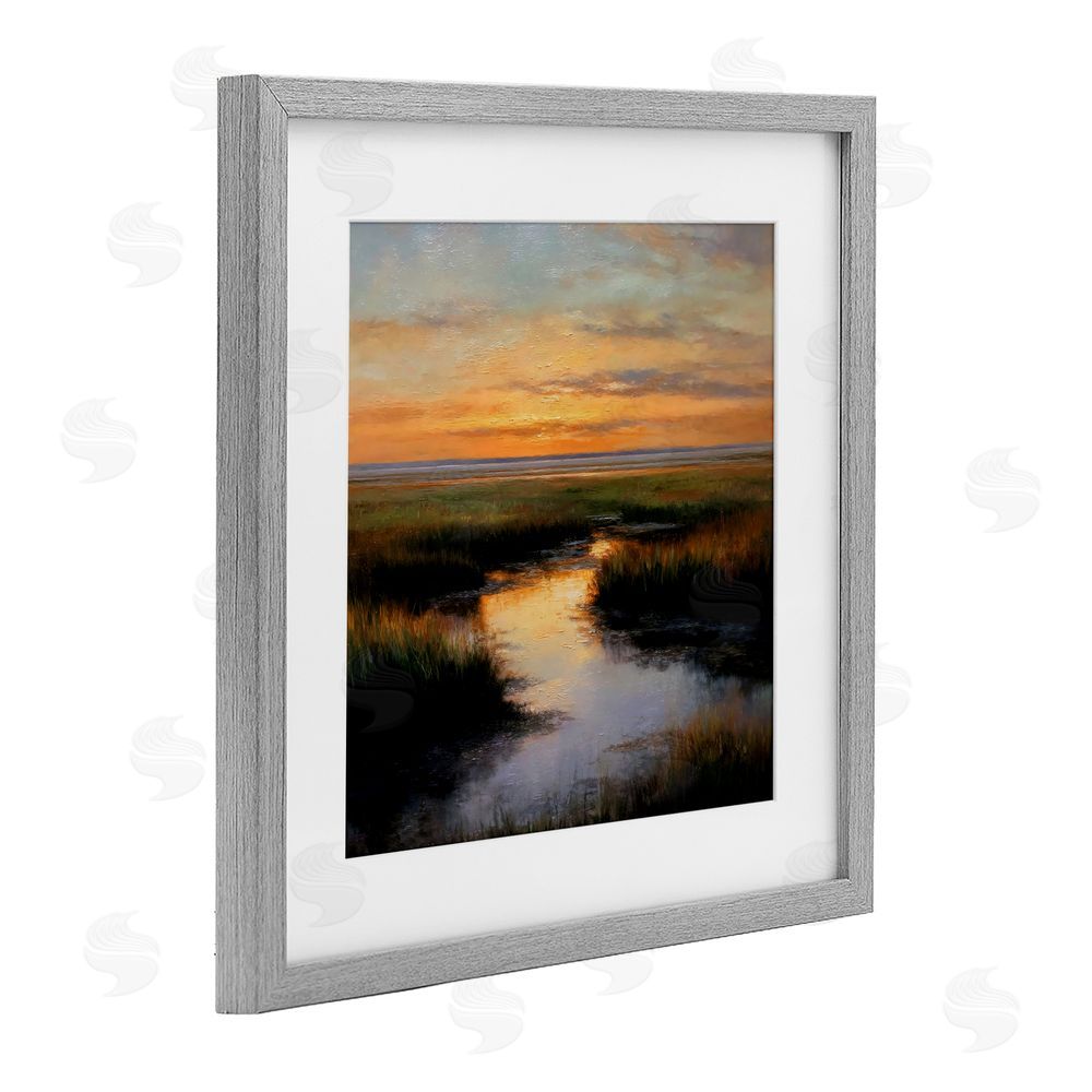 Petal Prints Design Warm Marshland Sunset Gray Framed Print Under Glass with White Mat Wall Art