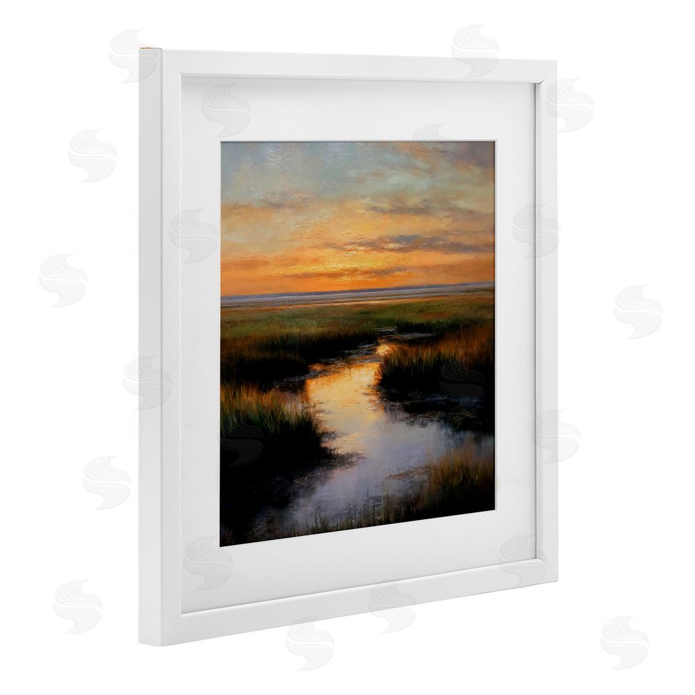 Petal Prints Design Warm Marshland Sunset White Framed Print Under Glass with White Mat Wall Art