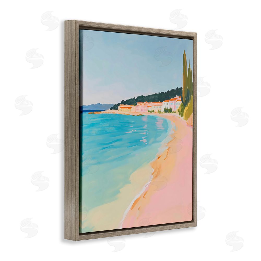 The Prints Vibe Abstract Village By The Sea Brown Floating Frame Stretched Canvas Wall Art Print