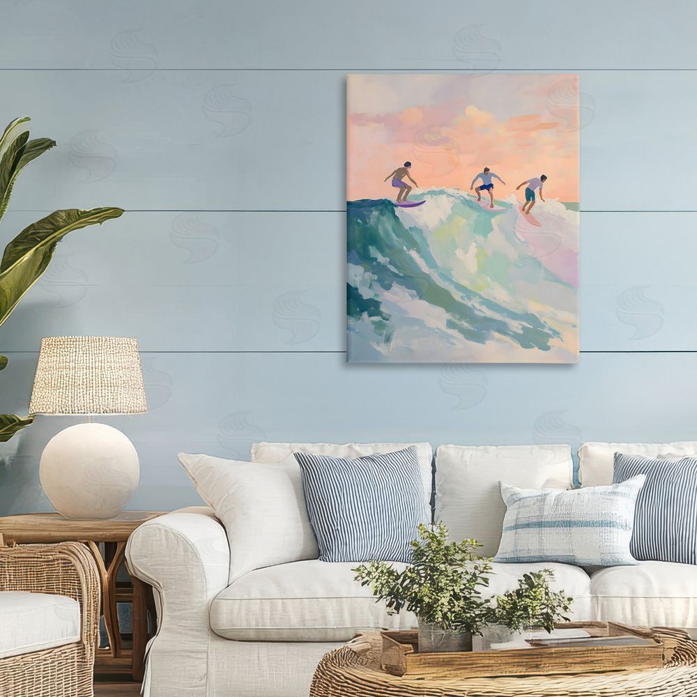 The Prints Vibe Group of Surfers at Sunset Stretched Canvas Wall Art in Room