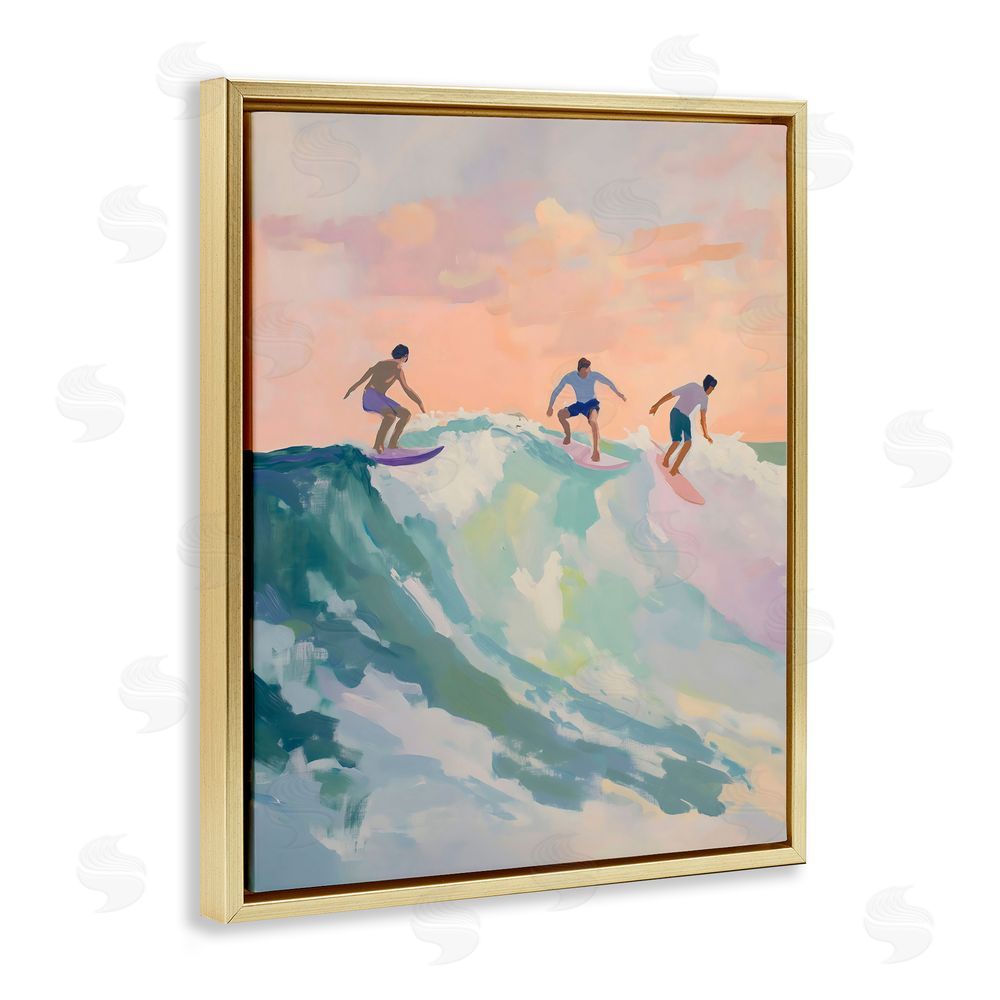 The Prints Vibe Group of Surfers at Sunset Gold Floating Framed Canvas Wall Art