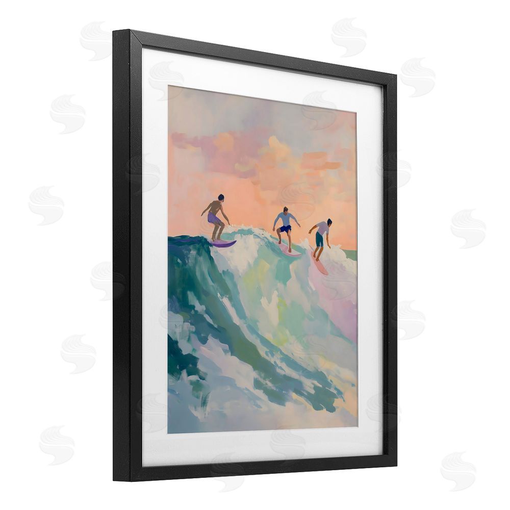 The Prints Vibe Group of Surfers at Sunset Black Framed Print Under Glass Wall Art