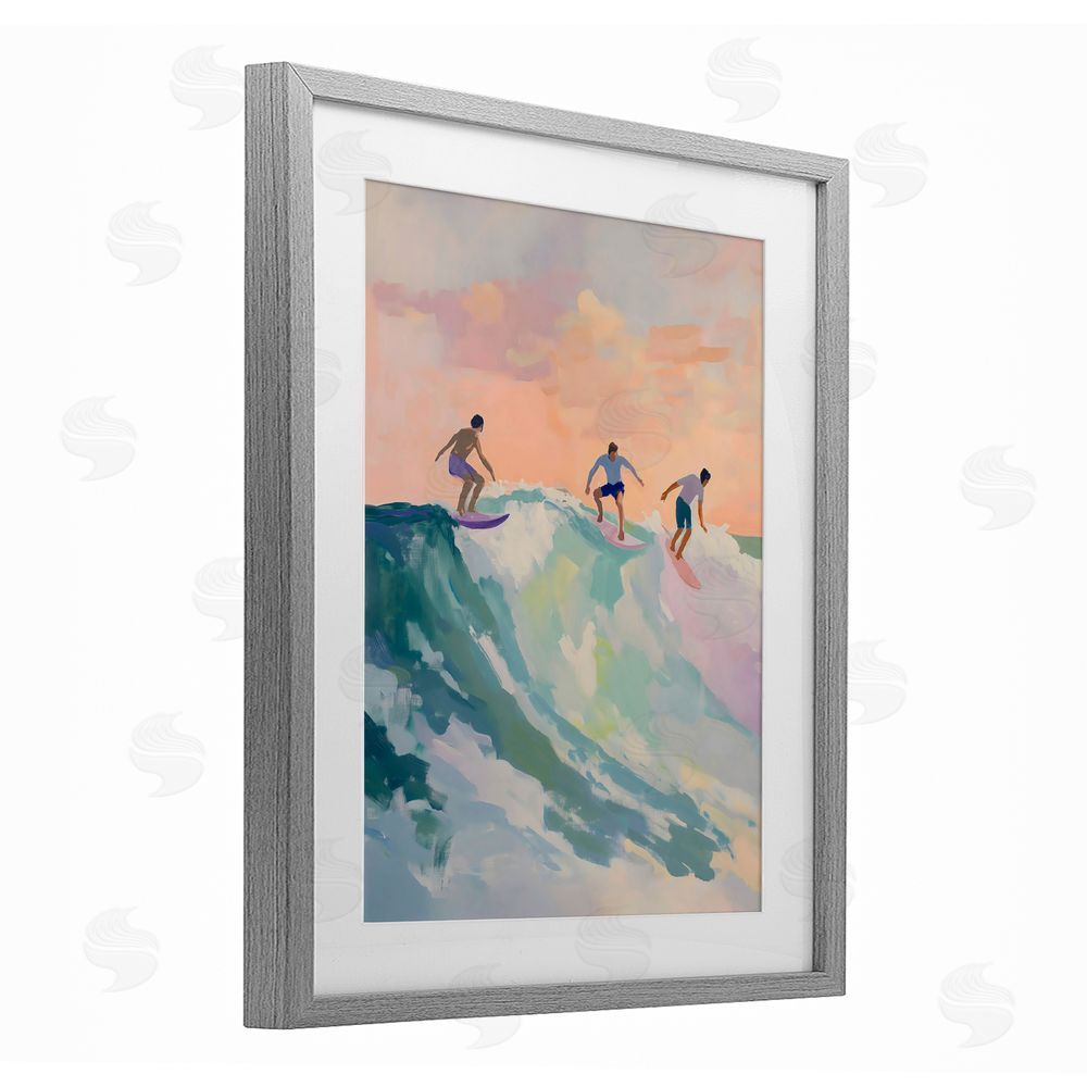 The Prints Vibe Group of Surfers at Sunset Gray Framed Print Under Glass Wall Art