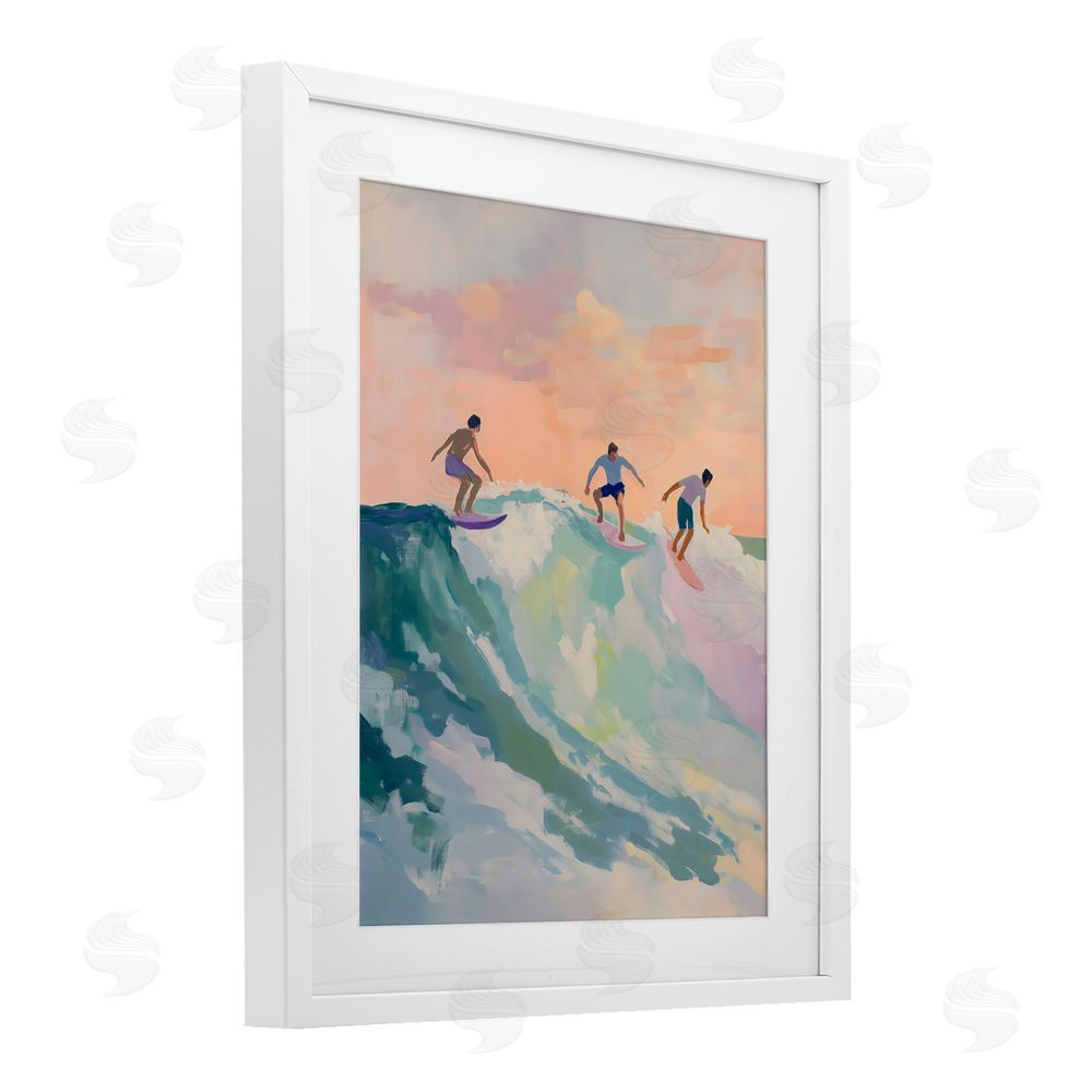 The Prints Vibe Group of Surfers at Sunset White Framed Print Under Glass Wall Art