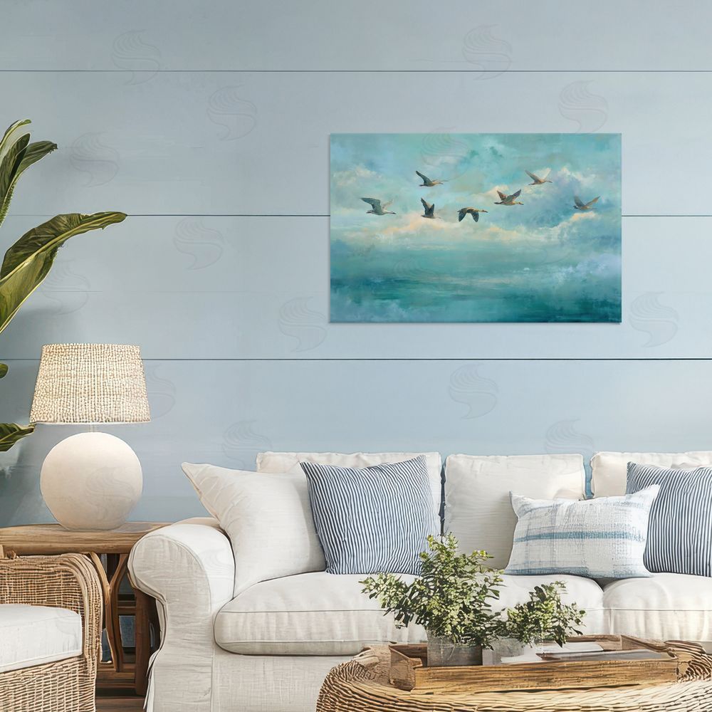 Petal Prints Design Blue Skies Geese Stretched Canvas Wall Art Print in Room