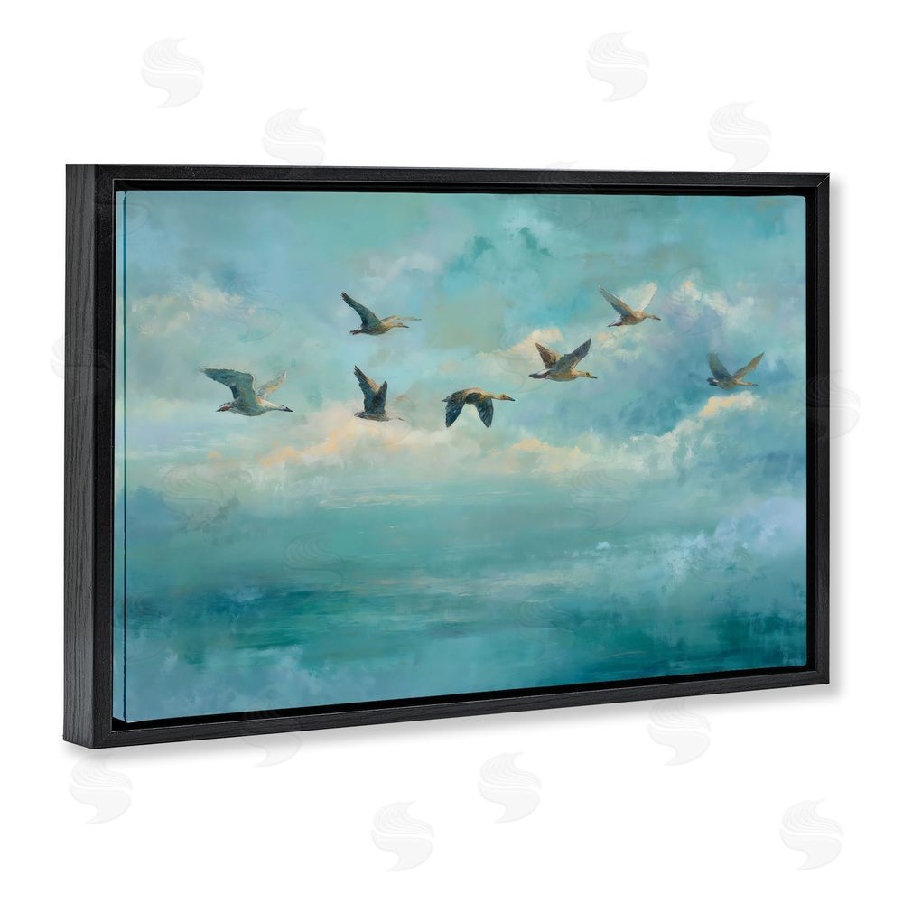 Petal Prints Design Blue Skies Geese Black Floating Frame Stretched Canvas Wall Art Print