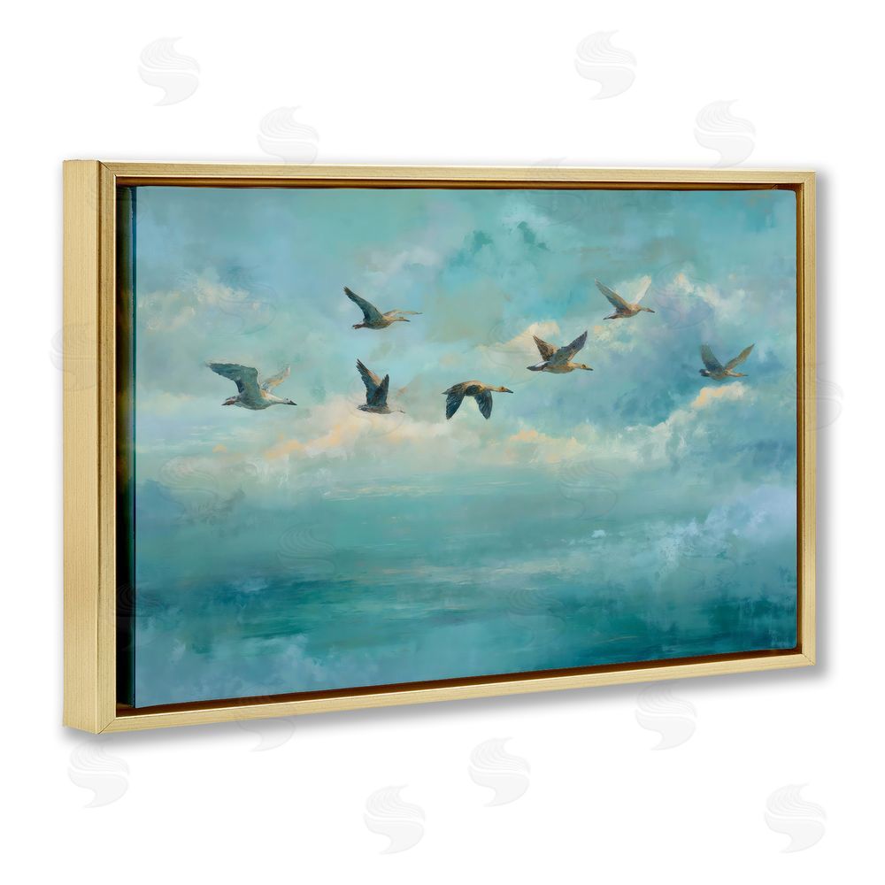 Petal Prints Design Blue Skies Geese Gold Floating Frame Stretched Canvas Wall Art Print