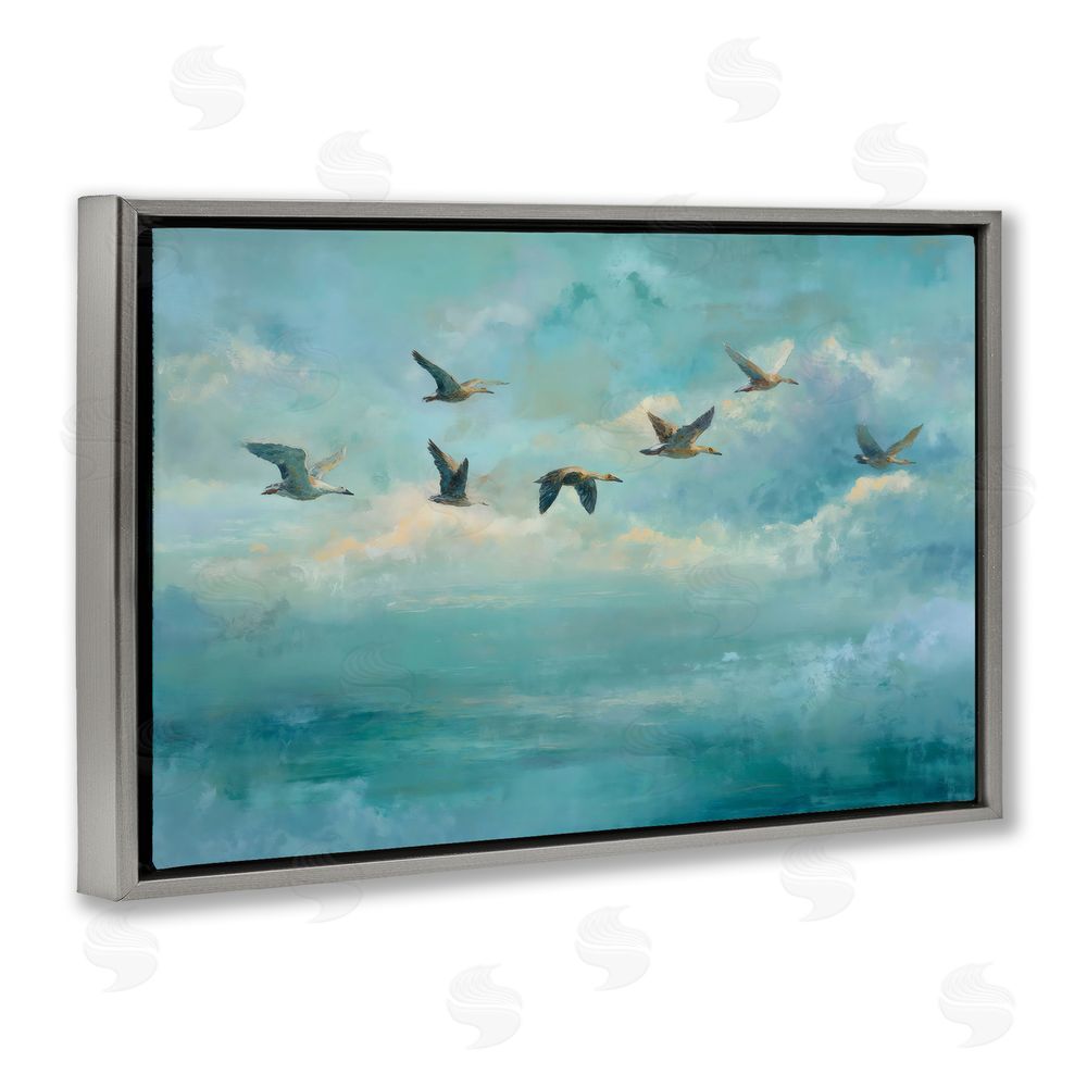 Petal Prints Design Blue Skies Geese Gray Floating Frame Stretched Canvas Wall Art Print