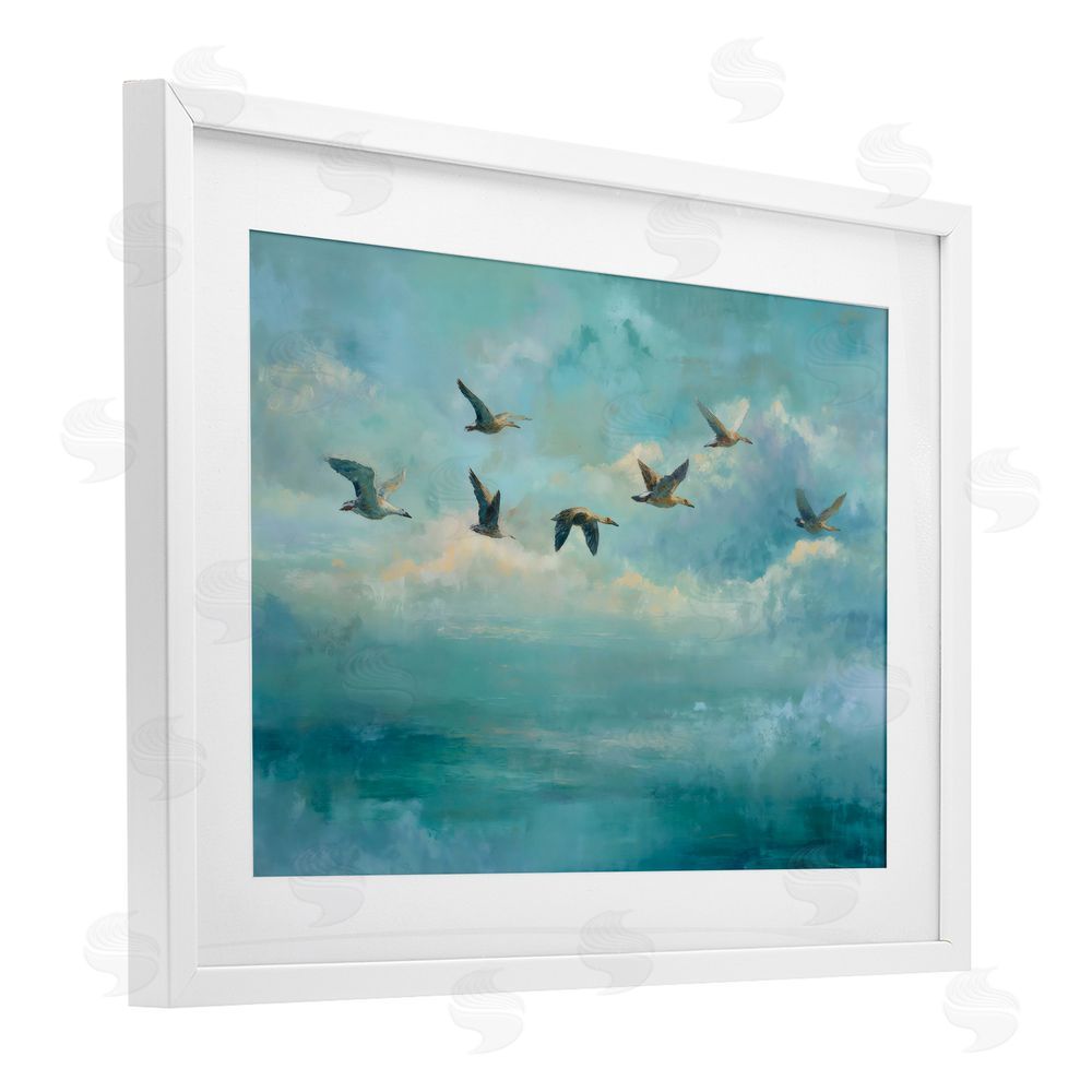 Petal Prints Design Blue Skies Geese White Framed Print Under Glass with Matting Wall Art