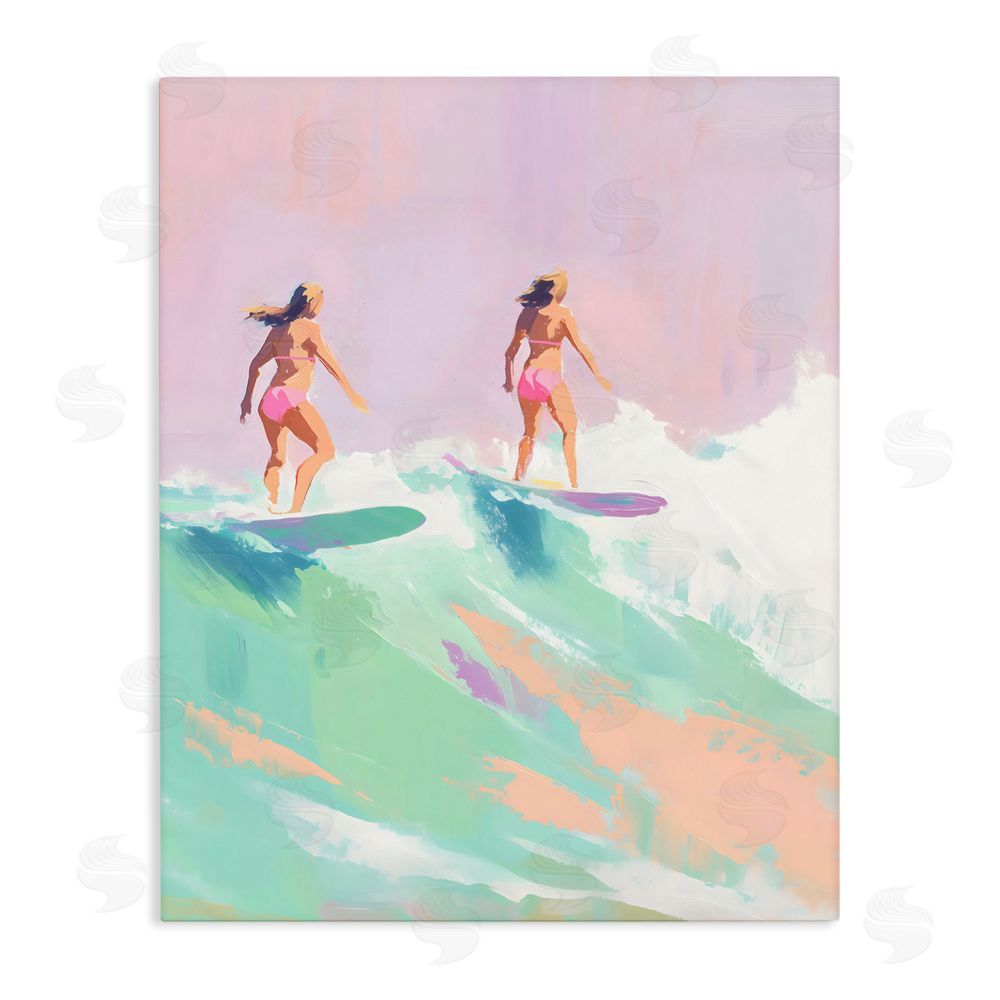 The Prints Vibe Two Surfing Girls on Wave Stretched Canvas Wall Art Print