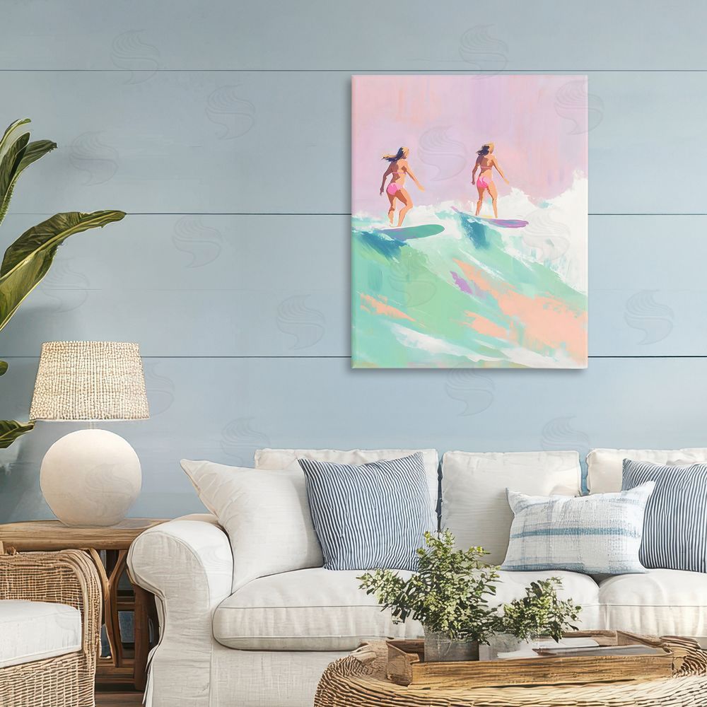 The Prints Vibe Two Surfing Girls on Wave Stretched Canvas on Wall