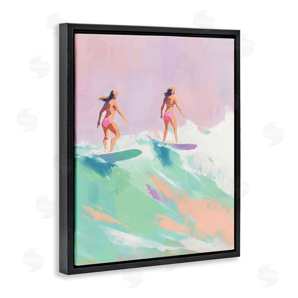 The Prints Vibe Two Surfing Girls on Wave Black Floating Framed Canvas Wall Art Print