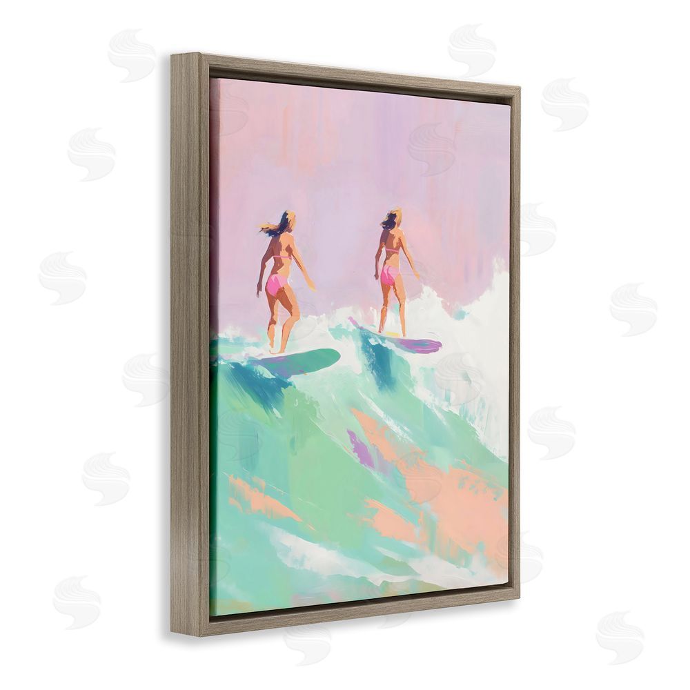 The Prints Vibe Two Surfing Girls on Wave Brown Floating Framed Canvas Wall Art Print