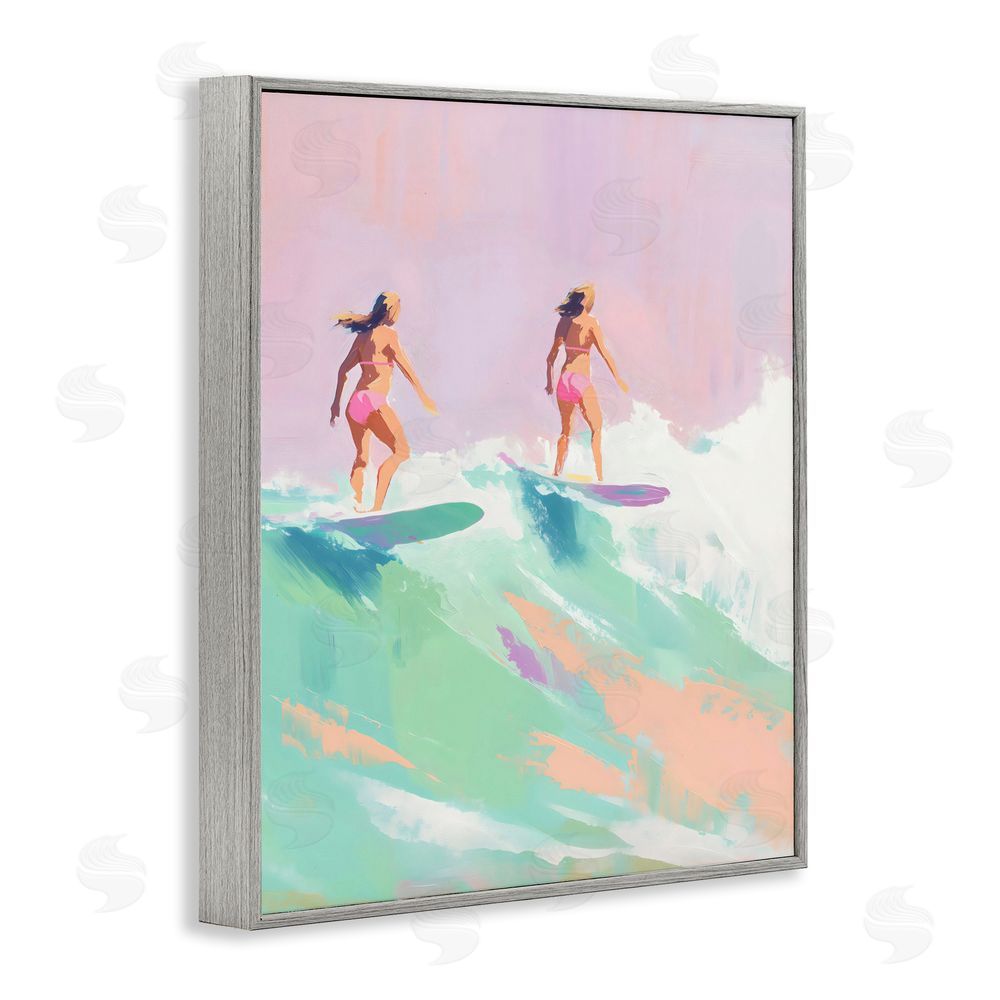 The Prints Vibe Two Surfing Girls on Wave Gray Framed Giclee Wall Art Print