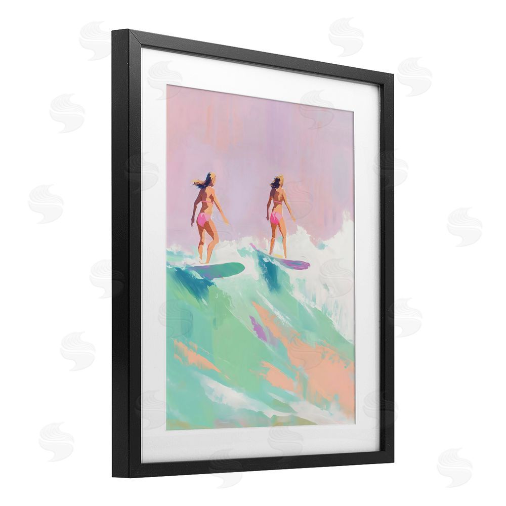 The Prints Vibe Two Surfing Girls on Wave Black Framed Print Under Glass with White Mat Wall Art