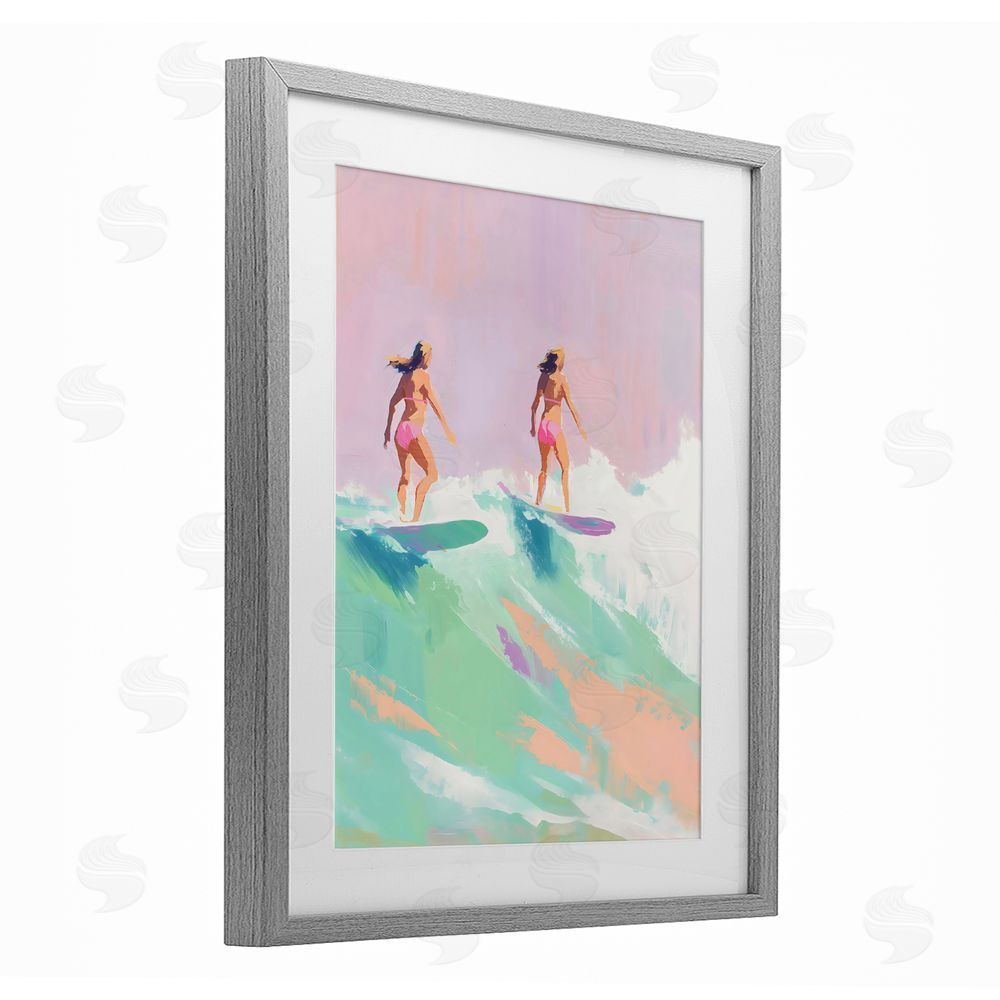 The Prints Vibe Two Surfing Girls on Wave Gray Framed Print Under Glass with White Mat Wall Art