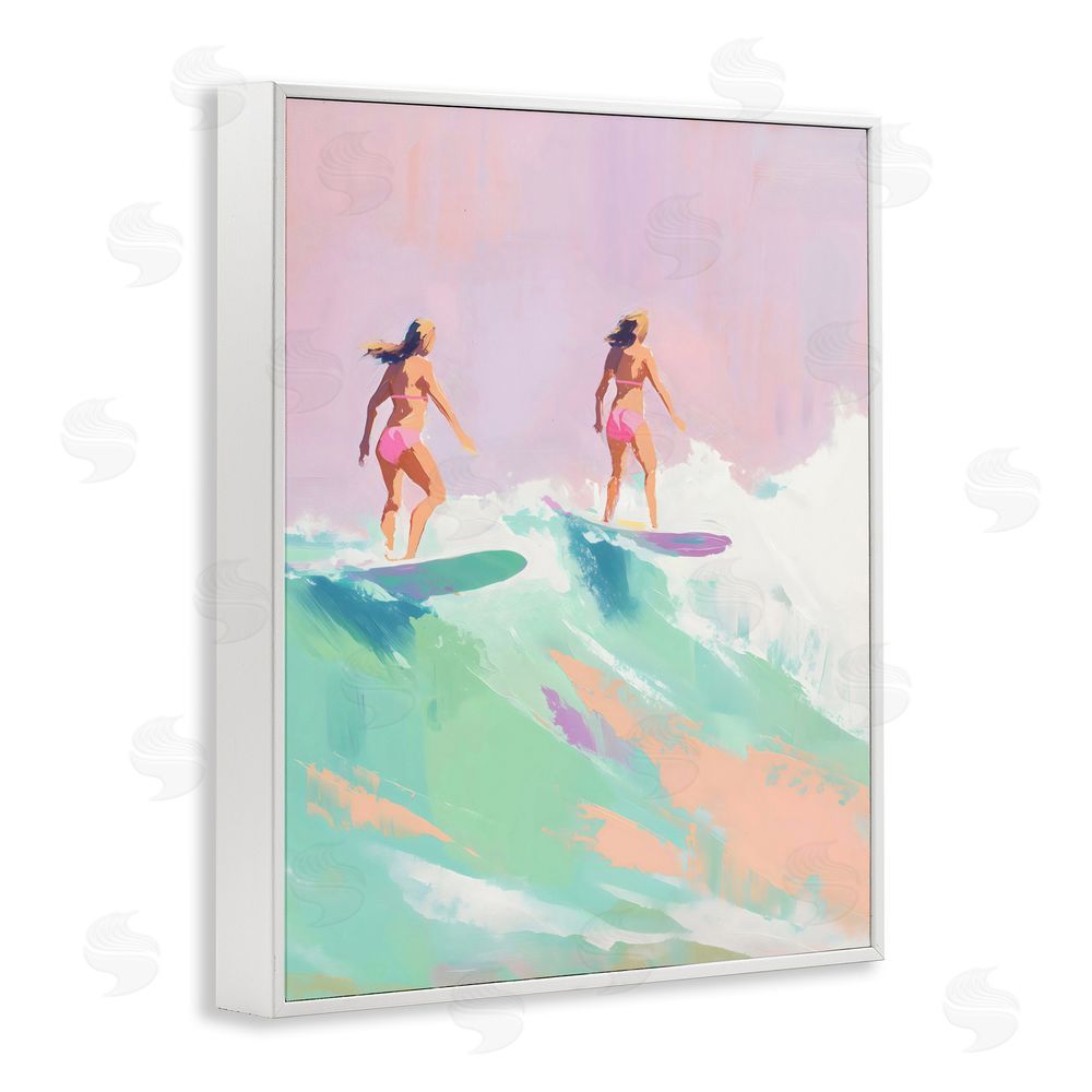 The Prints Vibe Two Surfing Girls on Wave White Framed Giclee Wall Art Print