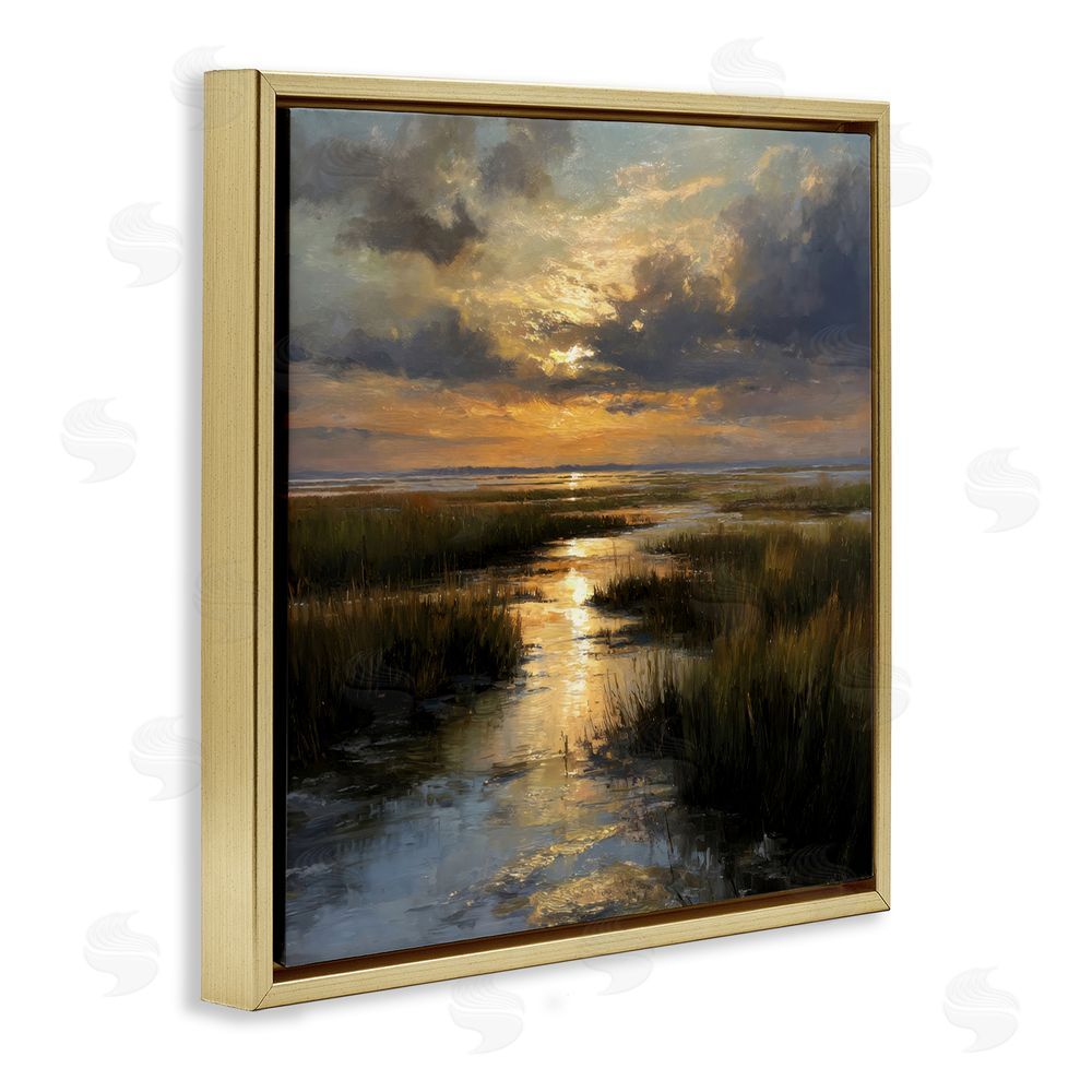 Petal Prints Design Sunset Over Marshland Gold Floating Framed Canvas Wall Art Print