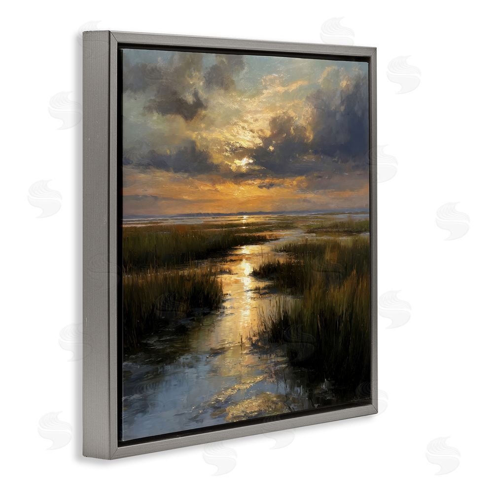 Petal Prints Design Sunset Over Marshland Gray Floating Framed Canvas Wall Art Print