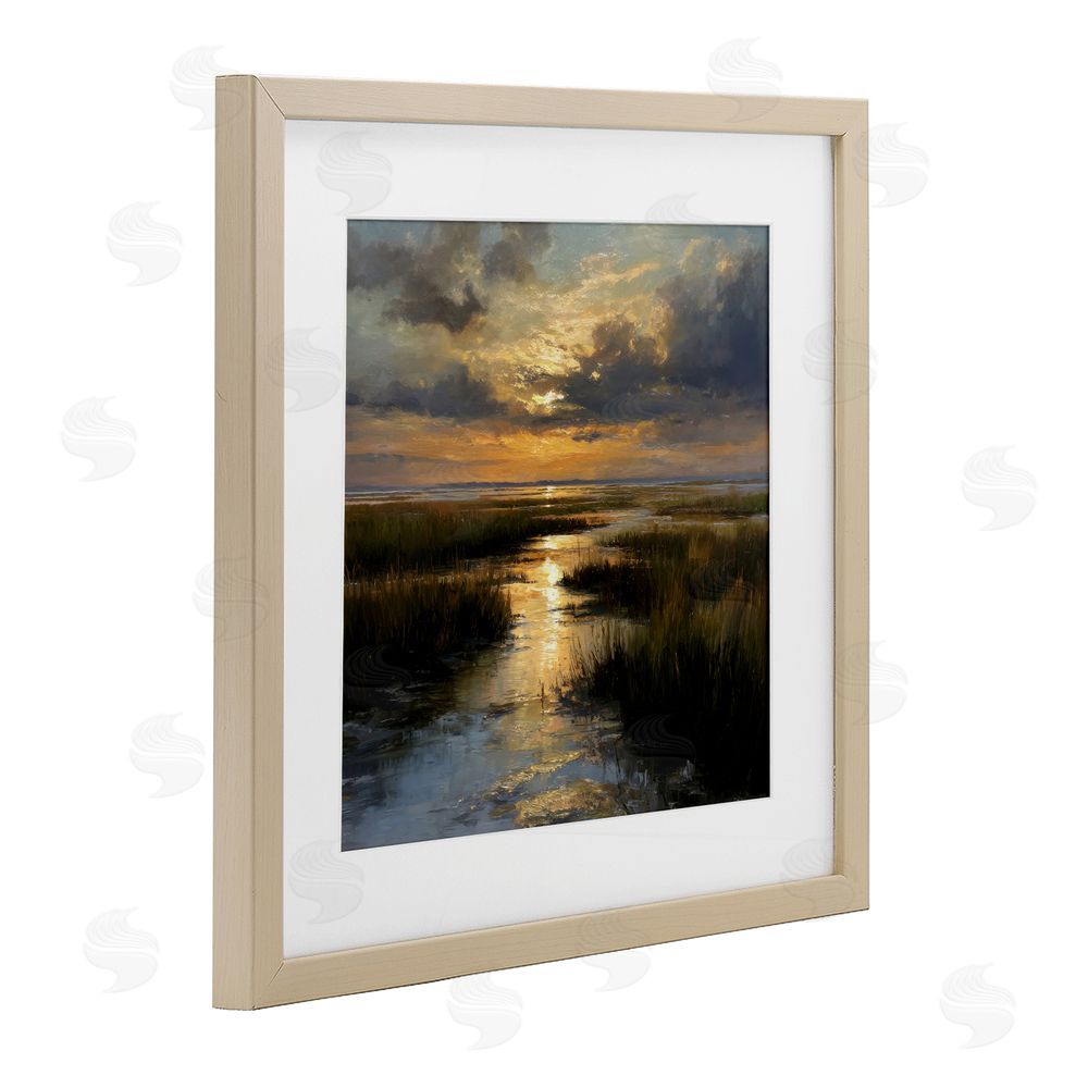 Petal Prints Design Sunset Over Marshland Brown Framed Print Under Glass with White Mat Wall Art