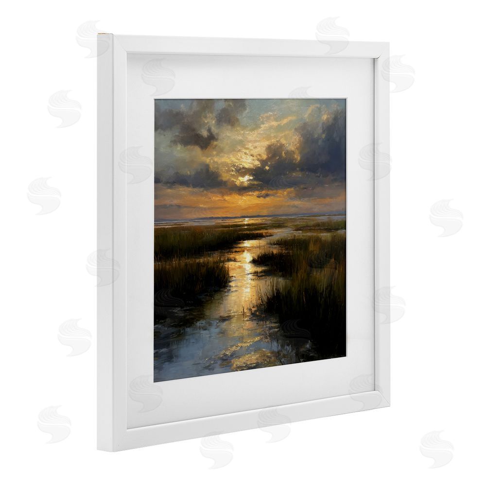 Petal Prints Design Sunset Over Marshland White Framed Print Under Glass with White Mat Wall Art