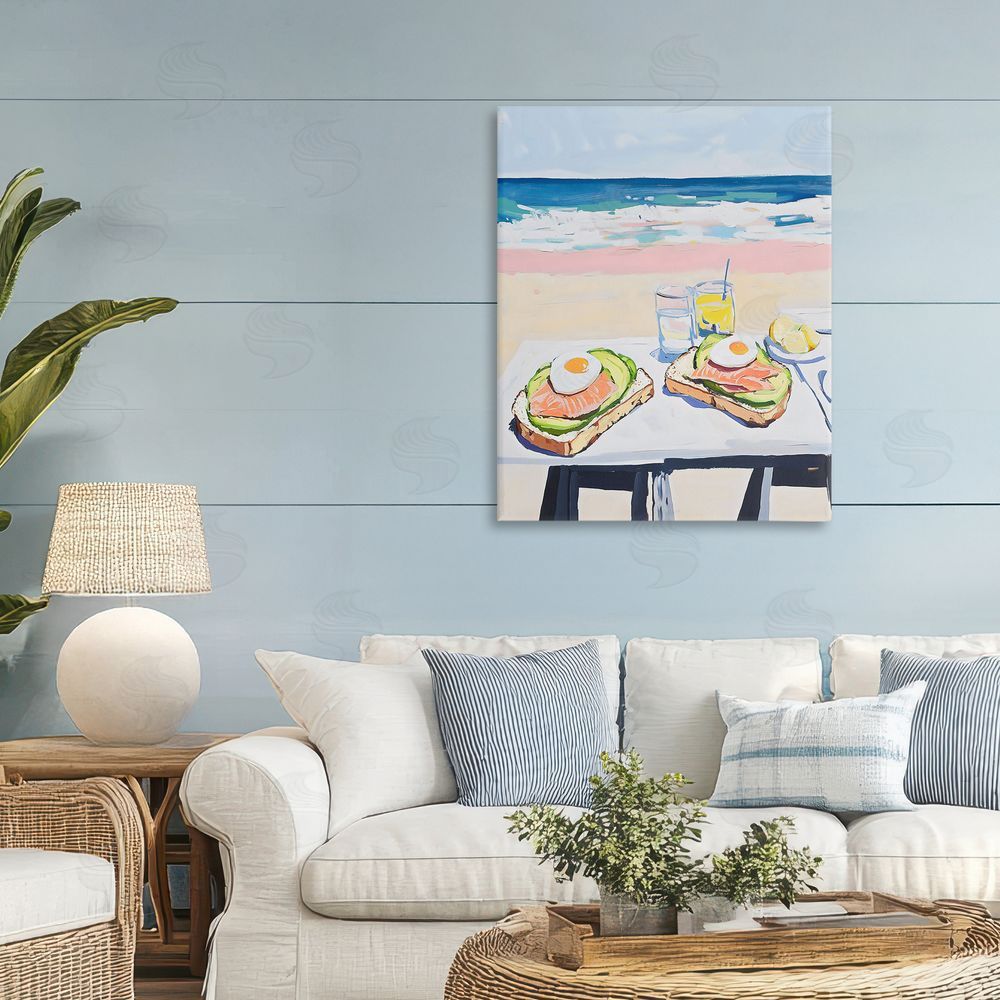 The Prints Vibe Avocado Toast at Beach Stretched Canvas Wall Art Print in Room