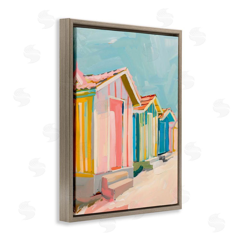 The Prints Vibe Striped Beach Bungalows Brown Floating Framed Canvas Wall Art Print