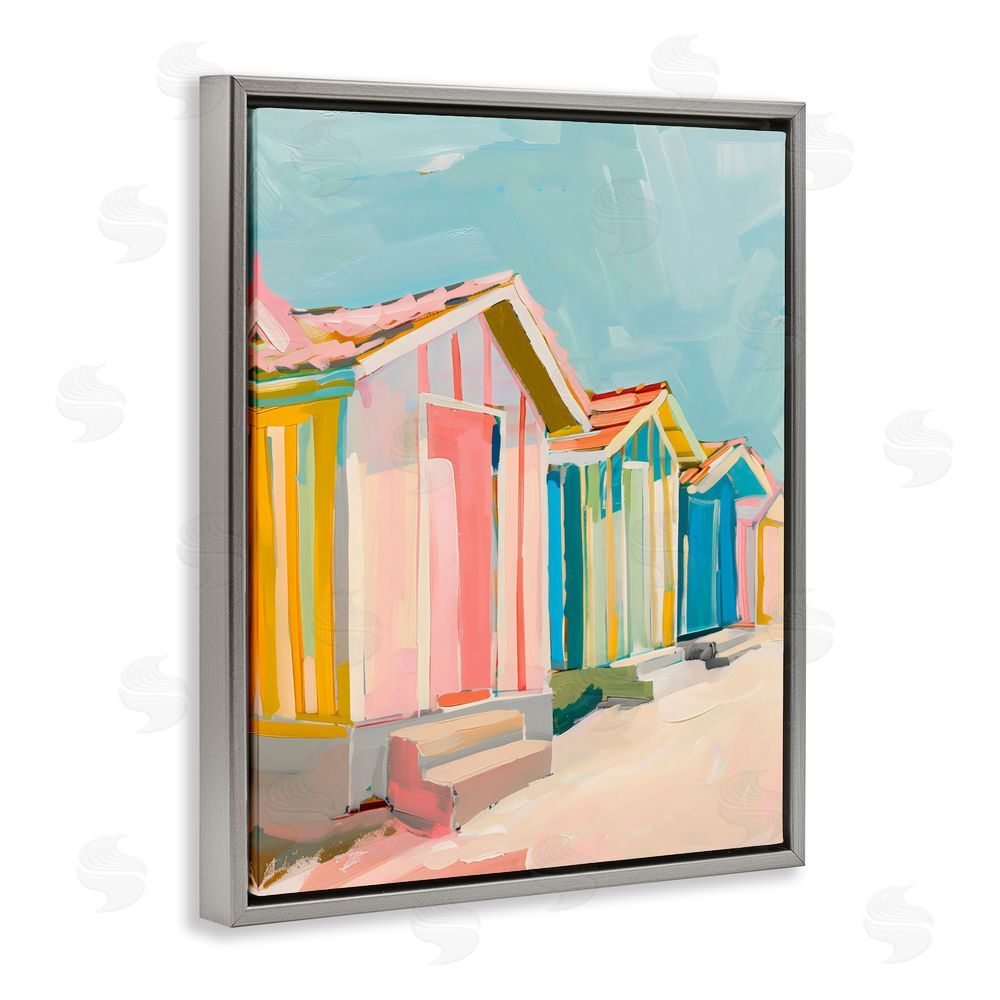 The Prints Vibe Striped Beach Bungalows Gray Floating Framed Canvas Wall Art Print