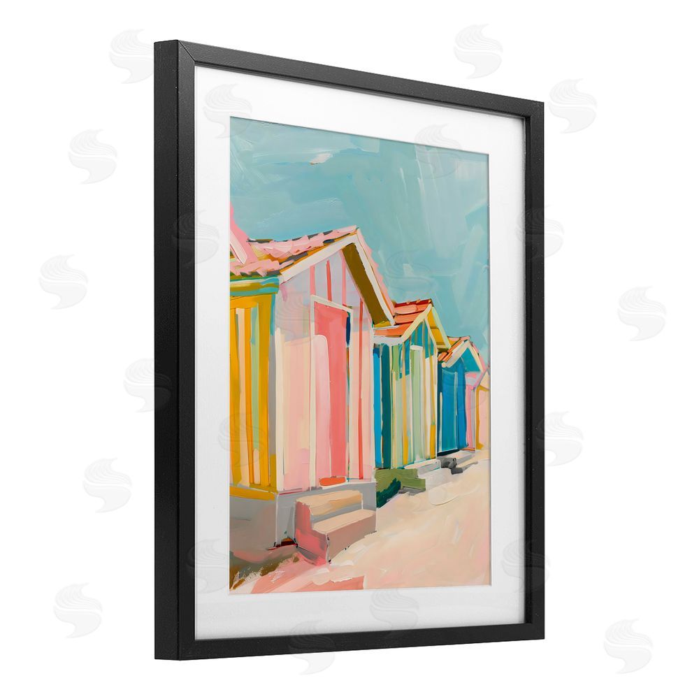 The Prints Vibe Striped Beach Bungalows Black Framed Print Under Glass with White Mat Wall Art