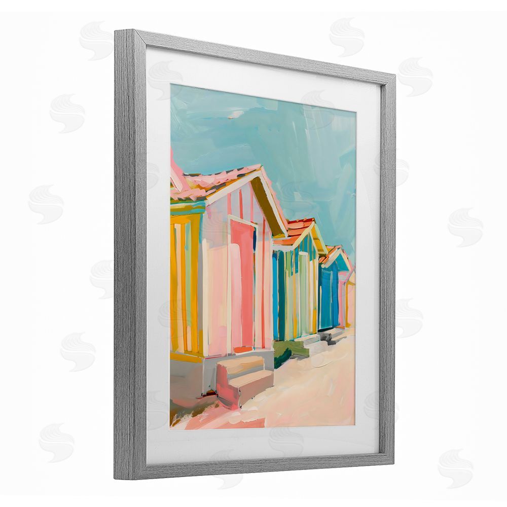 The Prints Vibe Striped Beach Bungalows Gray Framed Print Under Glass with White Mat Wall Art