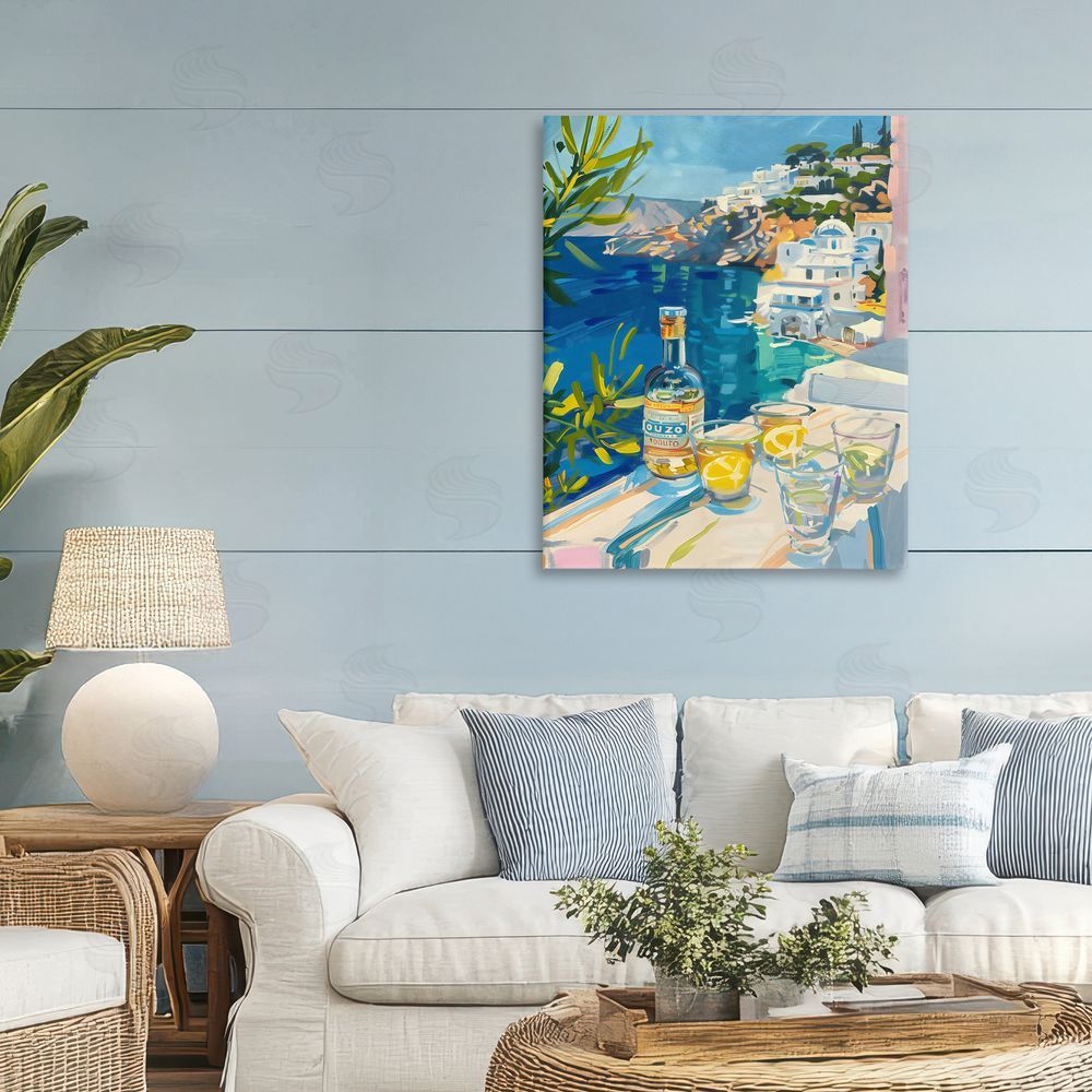 The Prints Vibe Drink By The Sea Balcony Stretched Canvas Wall Art in Room