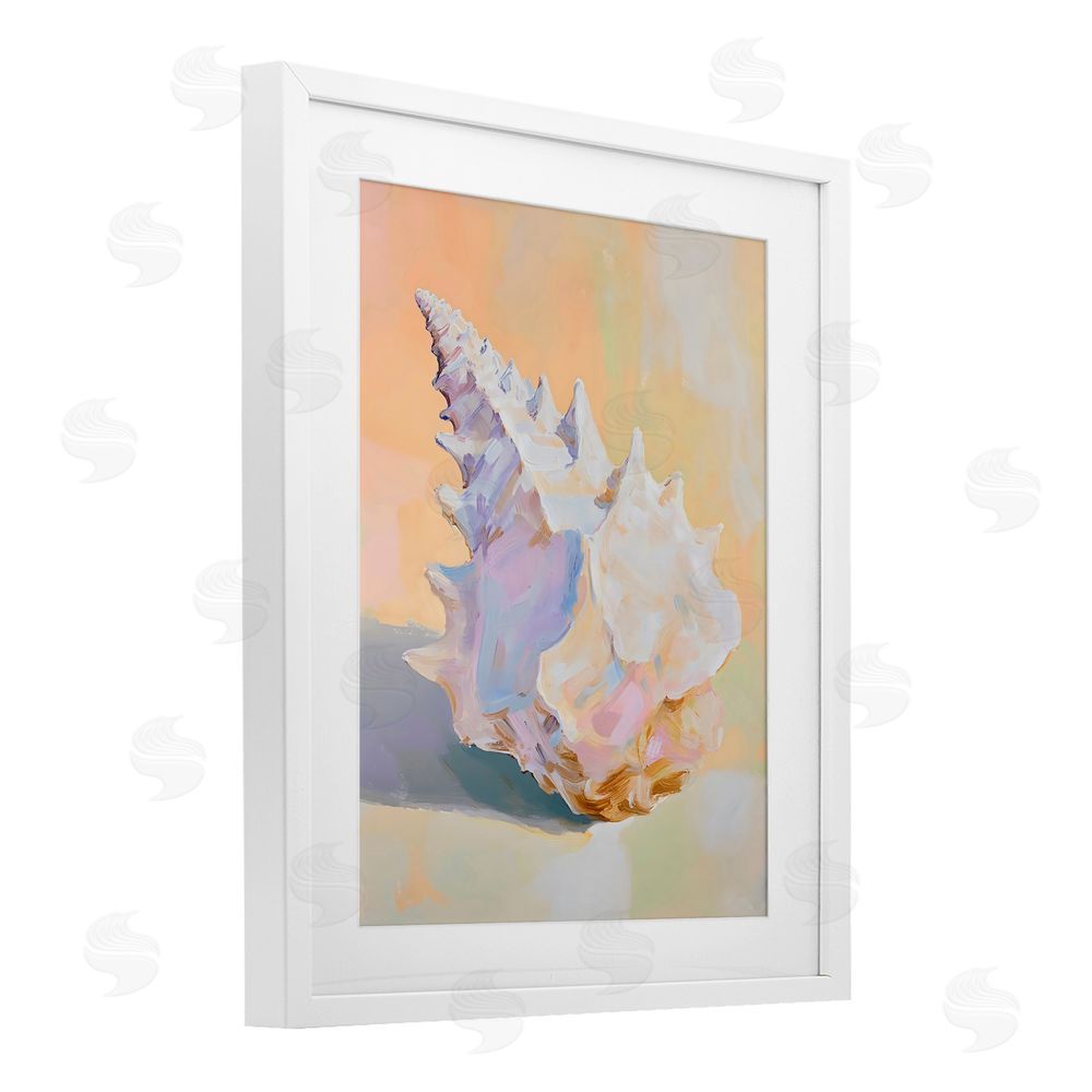 The Prints Vibe Vintage Shell in Pastel Light White Framed Print Under Glass with White Mat Wall Art