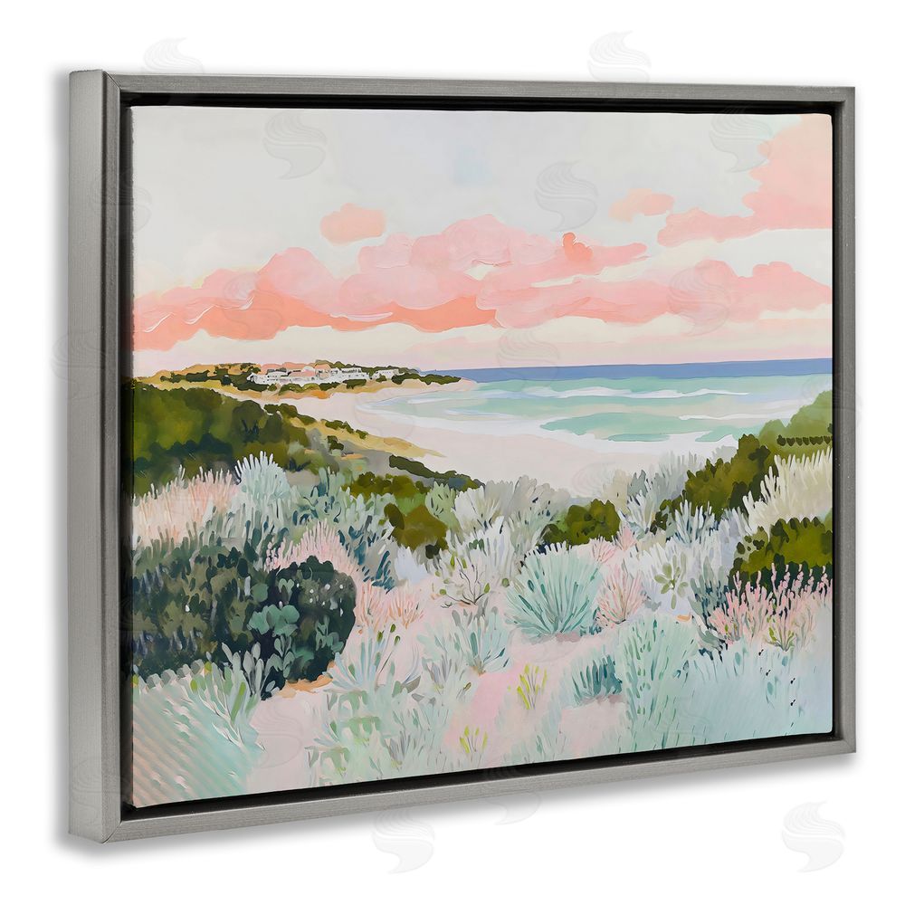 The Prints Vibe Beach Grasses & Pastel Skies Gray Floating Frame Stretched Canvas Wall Art Print