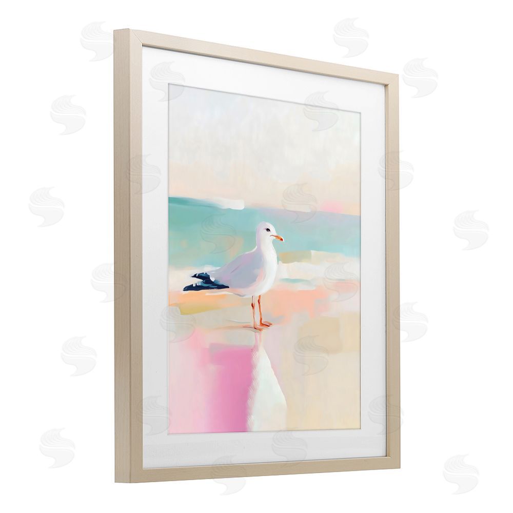 The Prints Vibe Seagull Beach Tranquil Reflection Brown Framed Print Under Glass with White Mat Wall Art
