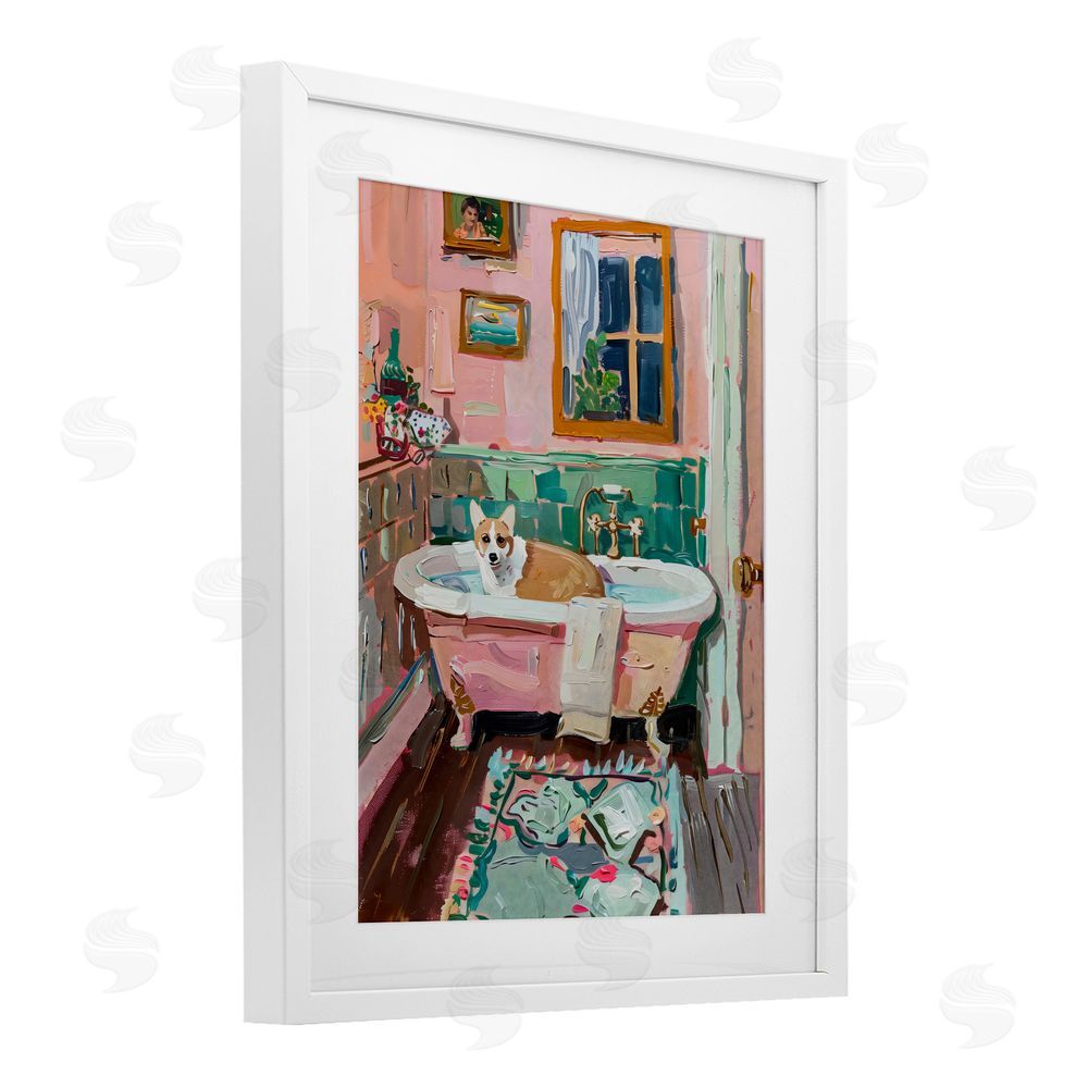 The Prints Vibe Corgi in Pastel Tub White Framed Print Under Glass Wall Art