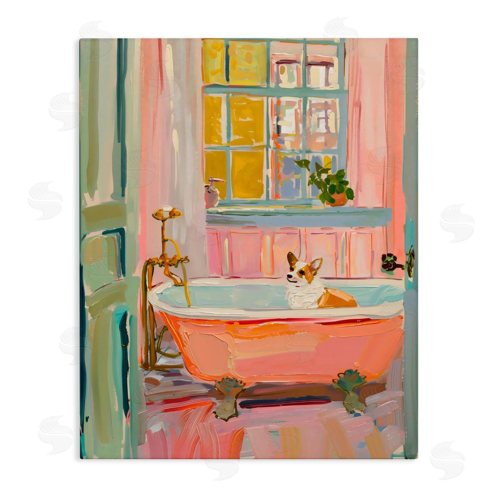 The Prints Vibe Corgi in Bathtub Stretched Canvas Wall Art