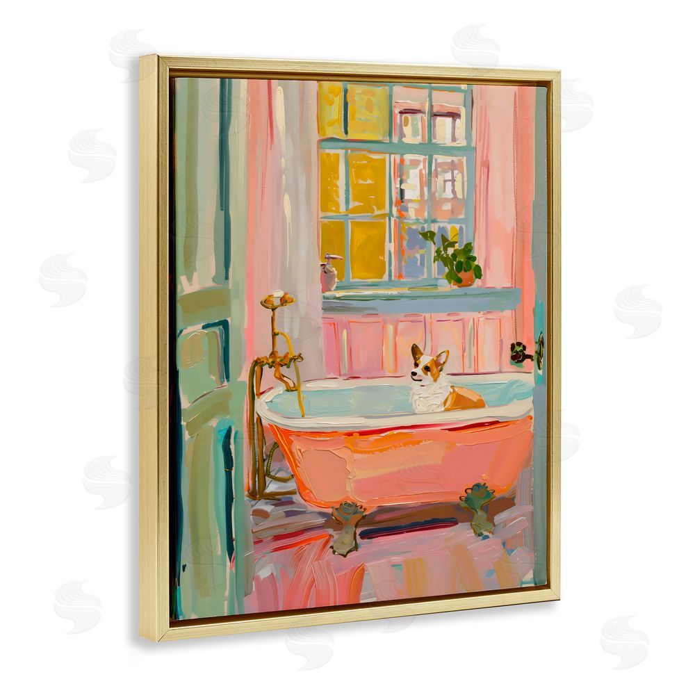 The Prints Vibe Corgi in Bathtub Gold Floating Frame Canvas Wall Art Print