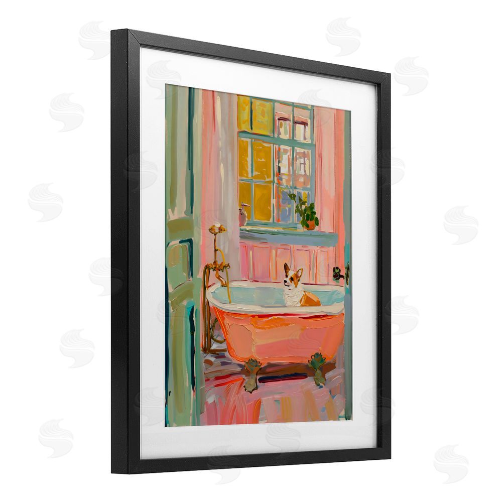 The Prints Vibe Corgi in Bathtub Black Framed Print Under Glass Wall Art