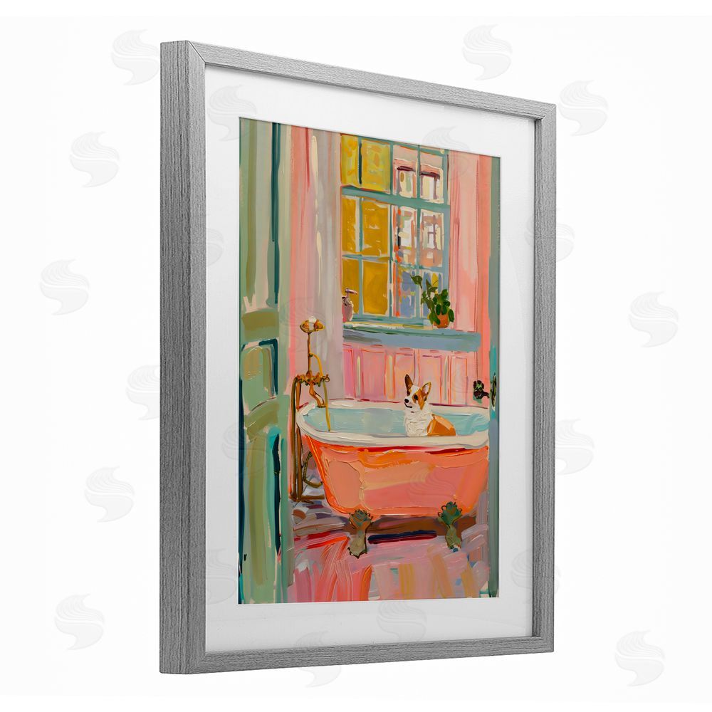The Prints Vibe Corgi in Bathtub Gray Framed Print Under Glass Wall Art