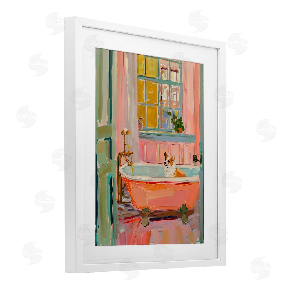 The Prints Vibe Corgi in Bathtub White Framed Print Under Glass Wall Art