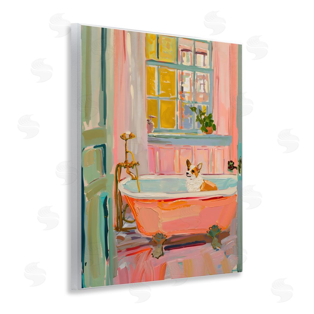 The Prints Vibe Corgi in Bathtub Wall Plaque with Fixed Lithograph Print