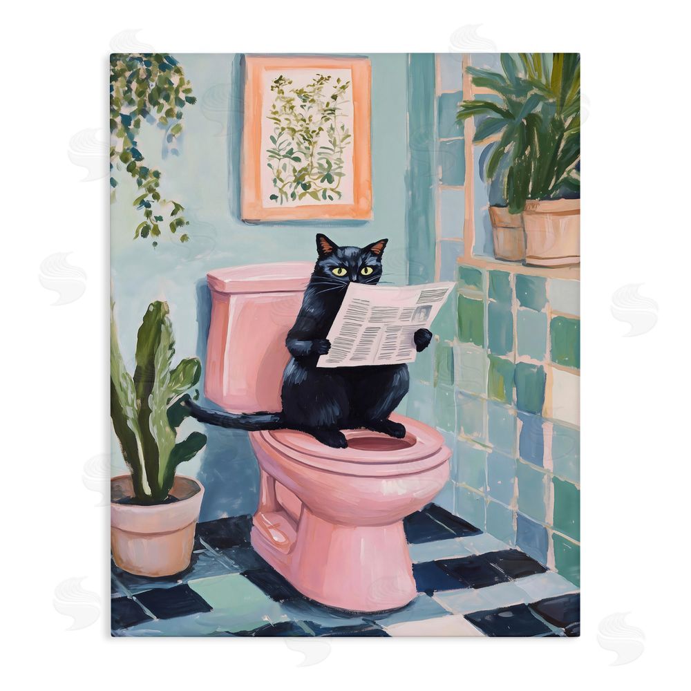 The Prints Vibe Cat Reading on Pink Toilet Stretched Canvas Wall Art Print