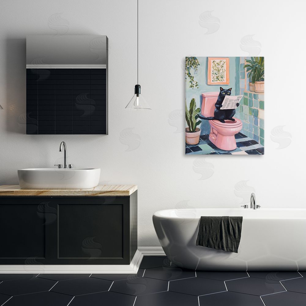The Prints Vibe Cat Reading on Pink Toilet Stretched Canvas Wall Art Print in Room